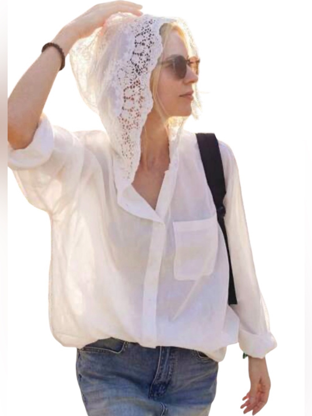Vintage Button Down Blouse with Crotchet Hoodie .